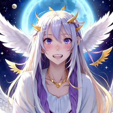 the anime of a white angel girl in between a purple star and clouds with an earthy color palette, sharp teeth, wings, 1girl, solo, teeth, jewelry, long hair, ahoge, crescent, halo, star (symbol), star (sky), 白髪, 紫瞳, 悪い歯並び