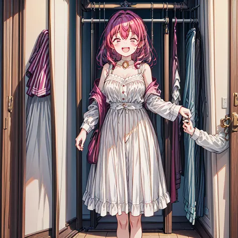 (best quality,high resolution:1.2), anime style, Cute girl changing clothes scene, (she is laughing while changing her clothes:1.4), detailed and luxurious background, Changing rooms in womens fashion stores, vibrant colors, soft lighting