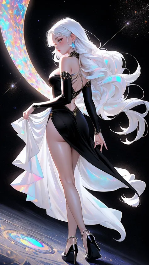 {-erro_de_anatomia:1.0} masterpiece, highest quality, (perfect face:1.1, (high detail)1.1, sweet stardust vampire , long soft white hair, opal eyes, perfectly drawn face, black dress, stars detailed background, prismatic lighting, glitter, whole body,  Dan...