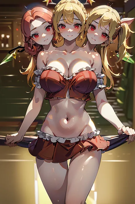 (masterpiece, best quality),best quality, (ultra-detailed), (3heads:1.5), 1girl, (flandre scarlet:1.3), masterpiece, best quality, red top, crop top, ((stomach)), midriff, ((groin)), red skirt, normal ears, shackles, blonde hair, very long hair, wavy hair,...