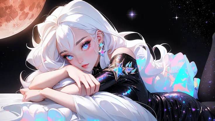 {-erro_de_anatomia:1.0} masterpiece, highest quality, (perfect face:1.1, (high detail)1.1, sweet stardust vampire , long soft white hair, opal eyes, perfectly drawn face, black dress, stars detailed background, prismatic lighting, glitter, whole body,  Lay...