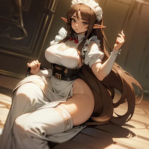 (((An elf woman alone))),(((light skin))),(((long brown hair))),(((grey eyes))),(curvy body),(((wearing a maid outfit)))