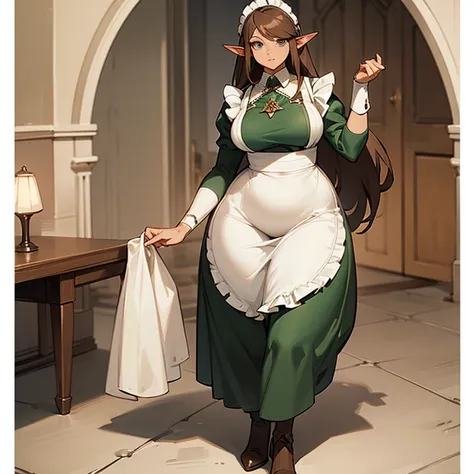 (((An elf woman alone))),(((light skin))),(((long brown hair))),(((grey eyes))),(curvy body),(((wearing a maid outfit)))