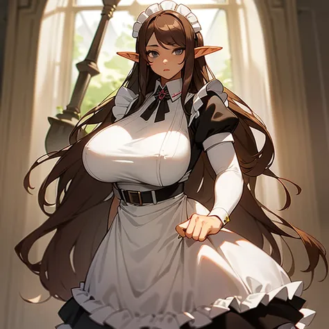 (((An elf woman alone))),(((light skin))),(((long brown hair))),(((grey eyes))),(curvy body),(((wearing a maid outfit)))