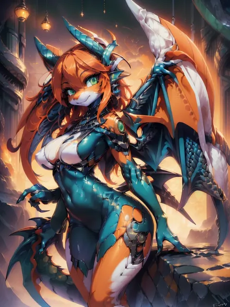 (best quality,4k,8k, highres, masterpiece:1.2), (furry; anthro Dragon), 1 girl, cyborg, small breasts, horny, well-toned abs, large mechanical dragon wings, ultra-detailed, lewd pose, ((excited smile)), sexy, detailed eyes and face, long eyelashes, vibrant...