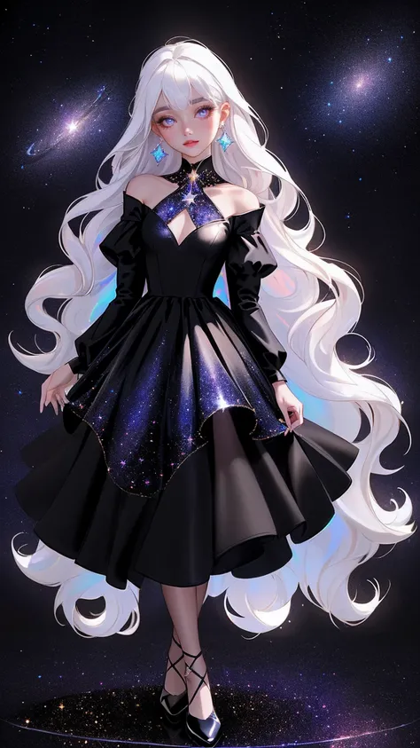 {-erro_de_anatomia:1.0} masterpiece, highest quality, (perfect face:1.1, (high detail)1.1, sweet stardust vampire , long soft white hair, opal eyes, perfectly drawn face, black dress, stars detailed background, prismatic lighting, glitter, whole body,  Dan...