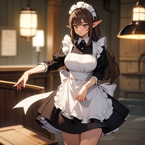 (((An elf woman alone))),(((light skin))),(((long brown hair))),(((grey eyes))),(curvy body),(((wearing a maid outfit)))