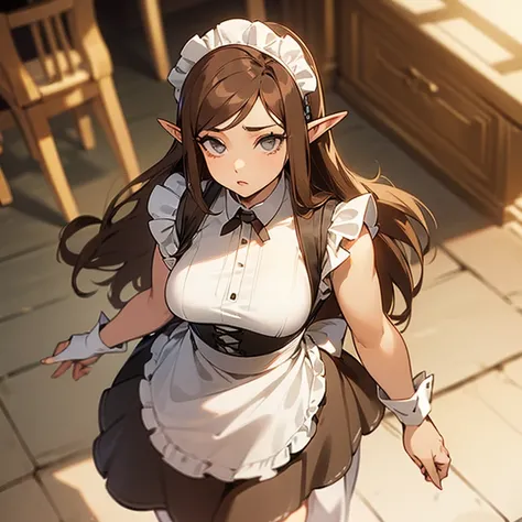 (((An elf woman alone))),(((light skin))),(((long brown hair))),(((grey eyes))),(curvy body),(((wearing a maid outfit)))