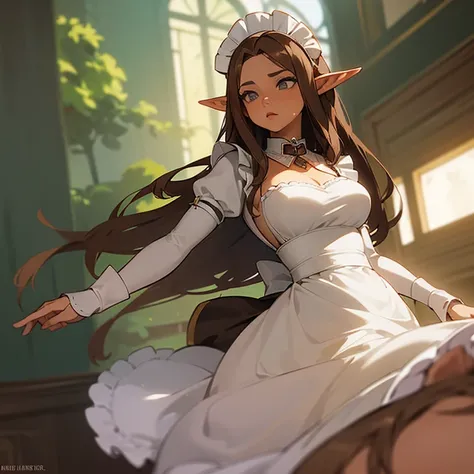 (((An elf woman alone))),(((light skin))),(((long brown hair))),(((grey eyes))),(curvy body),(((wearing a maid outfit)))