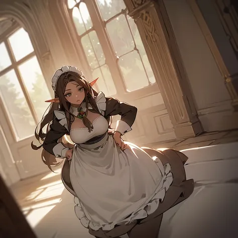 (((An elf woman alone))),(((light skin))),(((long brown hair))),(((grey eyes))),(curvy body),(((wearing a maid outfit)))