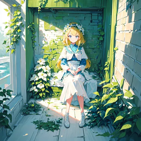 (2 girls, blonde hair, blue eyes, white sundress, kawaii), (white flower field, green road, brick tunnel, sunlight filtering through the foliage), (low contrast, flat color, limited palette)