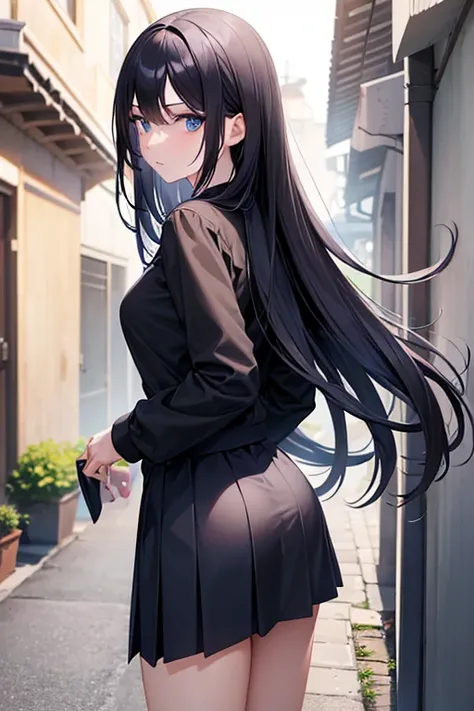 (masterpiece), best quality, expressive eyes, perfect face, 1woman, black long hair, straight hair, blue eyes, clothed student uniform, dark blue skirt, white Y shirt, standing in back alley, turn around, look back, looking at viewer, 