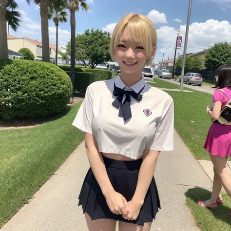 blonde short　uniform　suck candy　In town　smile　beautiful girl　mini skirt　big breasts