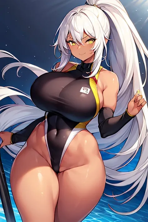 1girl, large breasts, wide hips, thick thighs, dark-skinned female, dark skin, white hair, ponytail, yellow eyes, smirk, smug, smile, one-piece swimsuit, competition swimsuit, black swimsuit, pool, sleeves, long sleeves, yellow trim, yellow line, bare legs