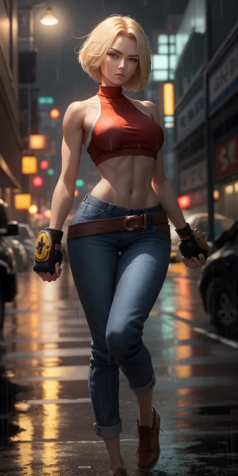 maryms,Best Quality,(beauty),masterpiece,  1girl,phisically-based render ,ultra highres,narrow waist, skinny,big eyes,long legs,(small breasts),puffy eyes, night,(rainy city), shiny skin, facing viewer, fighting stance, (make a fist),firm expression,