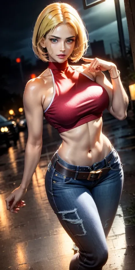 Blue Mary cosplay, melhor qualidade, (beleza), rosto garota 20 anos, rosto bonito, obra-prima, cropped vermelho, blusa vermelha, jeans with brown belt,  Physics-based rendering, ultra highres, cintura estreita, magro, olhos grandes, pernas longas, (seios p...