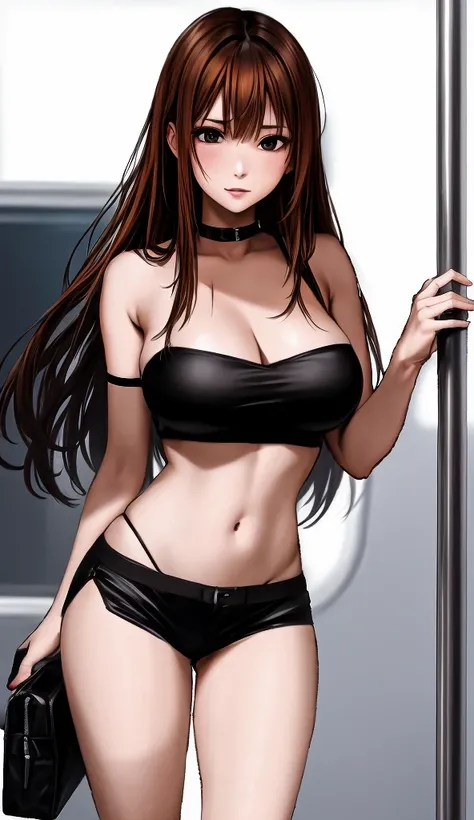 A beautiful adult woman with shoulder-length big breasts, beautiful legs, and a sharp face is provoking a middle-aged man in a suit on a train wearing a black tube top that exposes her navel and hot pants shaped like black panties. Masu。