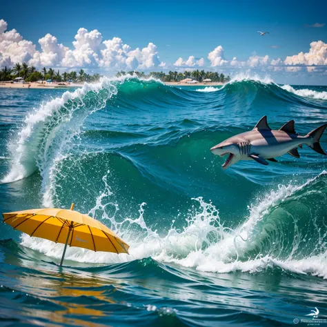 sharks in a golden beach, sparkling water, golden sand, warm sunlight, shimmering waves, tropical paradise, palm trees, surfing enthusiasts, clear blue sky, seagulls, palm fronds swaying in the breeze, surfboards, beach umbrellas, beachgoers, ocean waves c...