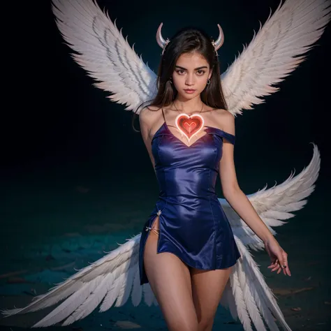 (8k, Foto RAW, melhor qualidade), (Realistic, photo-Realistic:1.37) Uma jovem loira com vestido branco com asas, ((the wing on the right is that of a devil and the wing on the left is that of an angel)), half angel half demon, symmetrically divided in half...