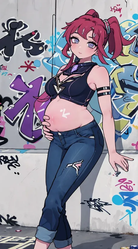 Nile River|Genshin Impact, masterpiece, best quality, 1 girl,25 years old, Proportional body, Lengthen the legs, beautiful, Proportional., crop top, short jeans, big bust, ,only, crop top, collar, (Graffiti:1.5), Splash with purple lightning pattern., arms...