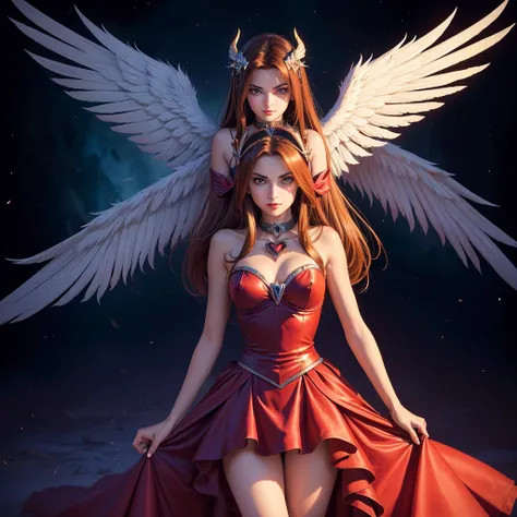 (8k, Foto RAW, melhor qualidade), (Realistic, photo-Realistic:1.37) ((ARTE SURREALISTA)), ((DARK FANTASY ART)), Uma jovem loira com vestido branco com asas, ((the wing on the right is that of a devil and the wing on the left is that of an angel)), half ang...