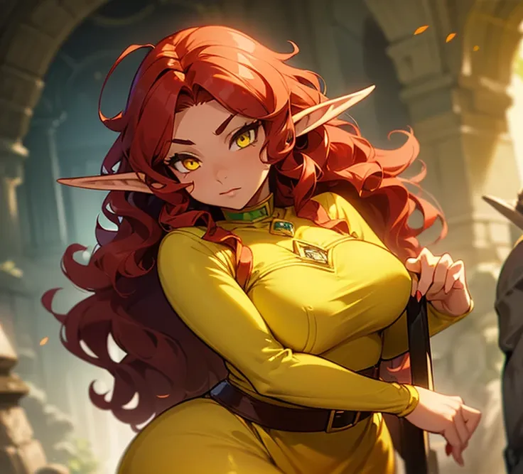 (((An elf woman alone))),(((light skin))),(((Wavy red hair))),(((yellow eyes and a sharp look))),(curvy body),(((wearing pretty dress)))