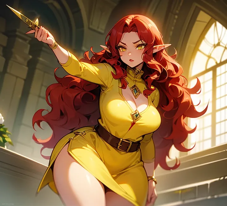 (((An elf woman alone))),(((light skin))),(((Wavy red hair))),(((yellow eyes and a sharp look))),(curvy body),(((wearing pretty dress)))