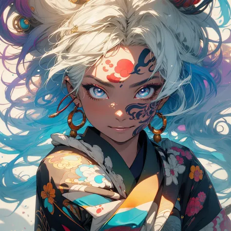 (((highest quality))),(((detailed eyes))),(((32k))),1 girl,rainbow colored hair,(Japanese tattoo),cyber punk,Rainbow kimono,Luxurious and gorgeous,Shiny skin,earrings,flashy,((Super beautiful woman)),perfect face,Japanese sword,ultimate texture,official ar...