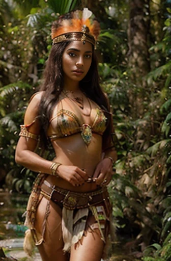 beautiful gorgeous glorious bollywood actress, standing in jungle, in tribal outfit, pretty face, beautiful glorious face, very fine face details, necklace, tribal princesa crown, bright eyes, brown lipstick, thin nose, burgundy long wel arranged hair, nic...