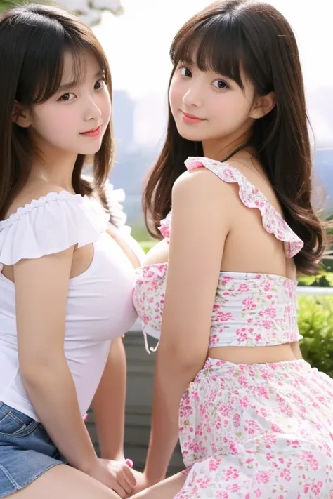 Two innocent and cute girls、Proud of big breasts that defy her age、They enjoy the effect their breasts have on men.、Thin fabric ruffle camisole、Perched