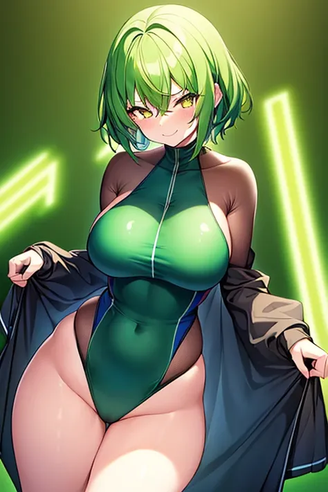 1girl, large breasts, wide hips, thick thighs, green hair, very short hair, yellow eyes, smirk, smug, smile, one-piece swimsuit, competition swimsuit, black swimsuit, pool, sleeves, long sleeves, green trim, green line, bare legs, neon trim, neon, tech