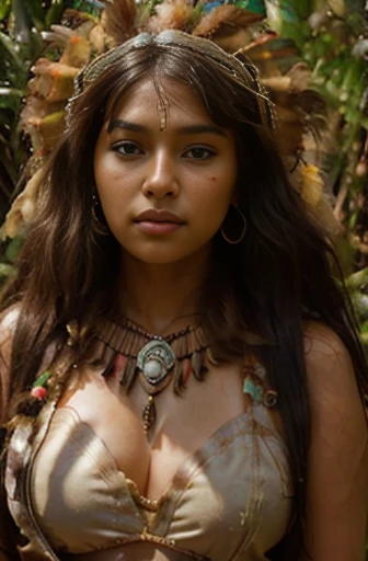 beautiful gorgeous glorious chubby bollywood actress, standing in jungle, in attractive tribal outfit, pretty face, beautiful glorious face, very fine face details, necklace, tribal princesa crown, bright eyes, brown lipstick, thin nose, burgundy long wel ...