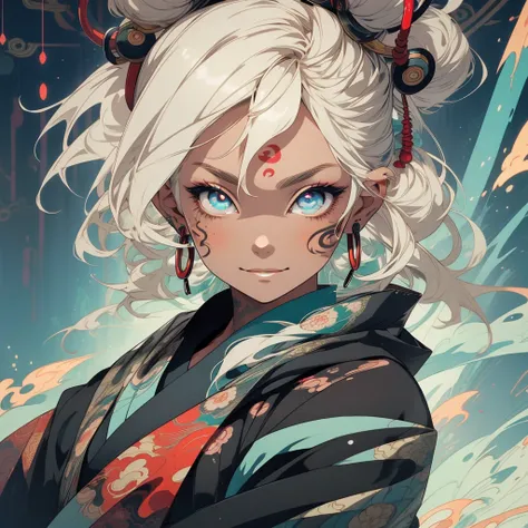 (((highest quality))),(((detailed eyes))),(((32k))),1 girl,hair,(tattoo),cyber punk,kimono,Luxurious and gorgeous,Shiny skin,earrings,flashy,((Super beautiful woman)),perfect face,Japanese sword,ultimate texture,official art,Ukiyo-e,stylish,photograph,perf...