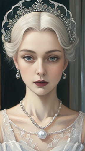 (((oil painting))), White Queen from “Through the Looking-Glass”, pure female, wearing white lace dress, pearl tiara, pearl necklace. looking at viewer compassionately, symmetric face, symmetric eyes, chignon white hair, pale skin, small bust, against ches...