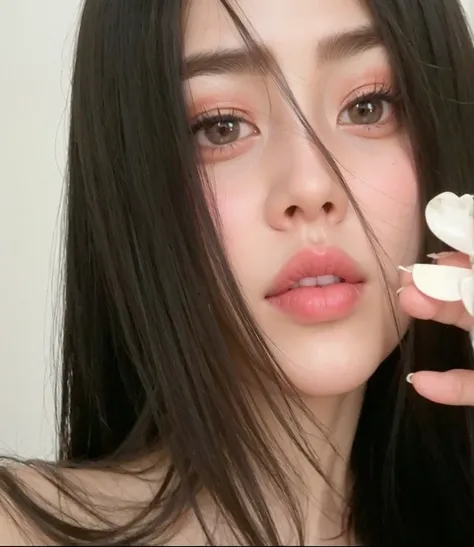 hay una mujer con el pelo largo y negro sosteniendo un trozo de papel, ulzzang, jennie rosa negro, hermosa mujer surcoreana, pale and light skin!!, maquillaje popular de corea del sur, rasgos de la cara coreana, thin pale lips, heonhwa choe, muchacha corea...