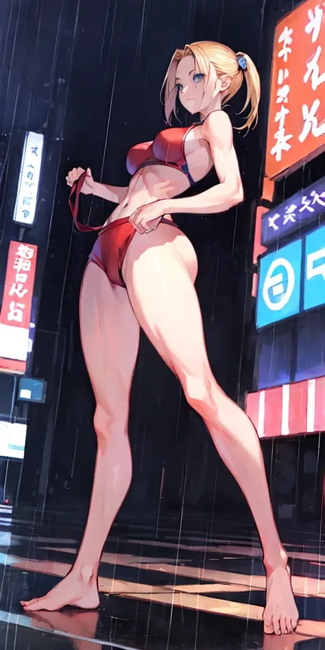 maryms,Best Quality,(beauty),masterpiece,  1girl,phisically-based render ,ultra highres,narrow waist, skinny,big eyes,long legs,(small breasts),puffy eyes, night,(rainy city), shiny skin, facing viewer, fighting stance, (make a fist),firm expression, muscu...