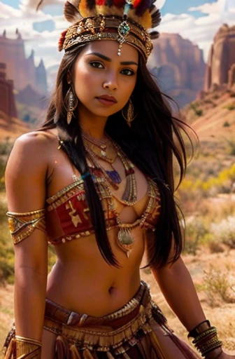 beautiful gorgeous glorious bollywood actress, desert background, in attractive tribal queen outfit, pretty face, beautiful glorious face, very fine face details, necklace, tribal queen crown, bright eyes, brown lipstick, thin nose, burgundy long wel arran...