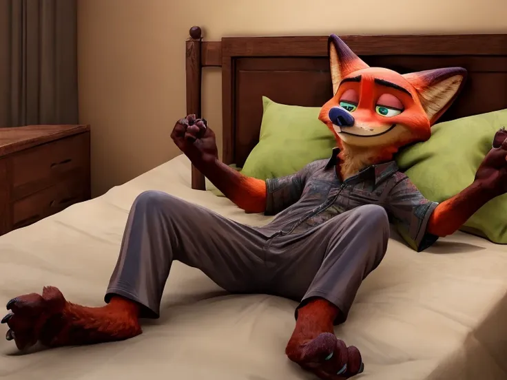 barefoot hypnotised nick wilde is lying on a bed with his arms and legs spread, wearing black pyjamas, handcuffed to the bed by ...