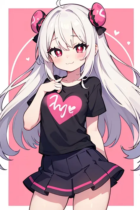 1girl, (Long white hair), (red eyes), (pink sayonaras), thighs, legs, skirt, t-shirt, ((heart shaped pupils)), white skin, :3 smile, blush, left eye wink, highres