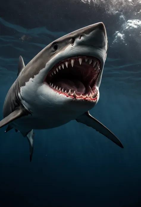 (best quality,highres,ultra-detailed,realistic:1.2),detailed intricate shark teeth, close-up, blood, ferocious shark, dark under...