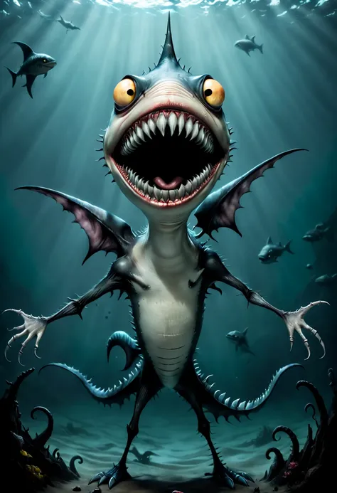 Shark, inspired by Tim Burton, (best quality, masterpiece, 8k)