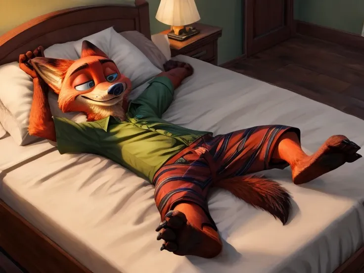 barefoot hypnotised nick wilde is lying on a bed with his arms and legs spread, wearing black pyjamas, handcuffed to the bed by ...