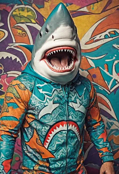 ((aquaman wearing detailed intricate shark clothes)), studio photo, pop art, graffiti background