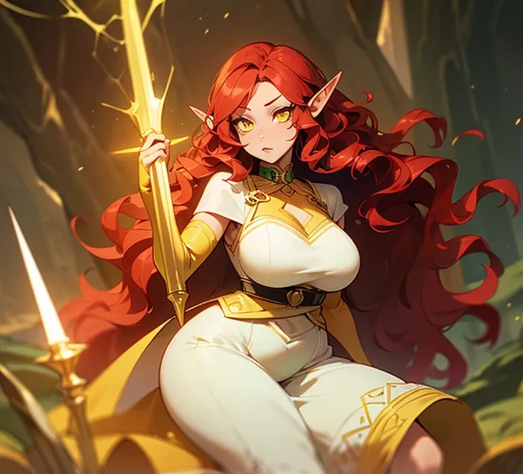 (((An elf woman alone))),(((light skin))),(((Wavy red hair))),(((yellow eyes and a sharp look))),(curvy body),(((wearing pretty dress)))