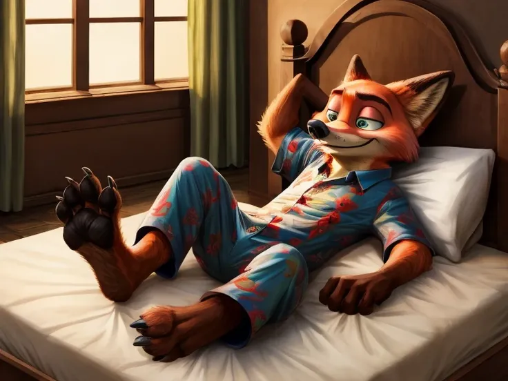 Barefoot hypnotised Nick Wilde is lying on a bed with his arms and legs spread, wearing black pyjamas, handcuffed to the bed by his wrists and ankles, detailed nice big paws with claws and toe ring, in a trance, a look of weak resistance to hypnosis on his...