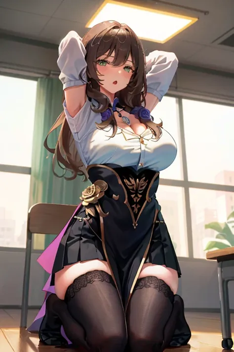 Lisa, genshin impact, 1 girl, alone, ((white shirt)), black Thighhighs, huge breasts, big breasts, cleavage, uniform, office background, black skirt, pleated skirt, office, hair between eyes, messy hair, large chest, long hair, looking at the viewer, brown...