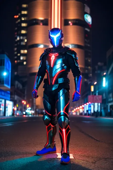 １male、Giant、full body tights、Full Face Mask、Eyes glowing、The surface is smooth、The whole body is glowing、Red and blue lines、rainbow colored muscles、Metal breastplate、Night town