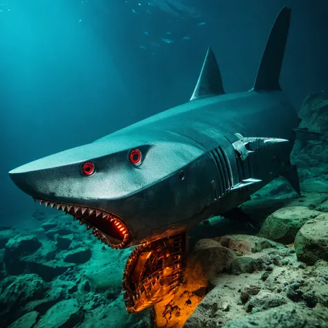 a robotic shark underwater, shiny metallic texture, realistic details, sharp teeth, glowing red eyes, powerful hydraulic fins, articulated jaw mechanism, high-quality 3D rendering, sci-fi concept, dark and mysterious atmosphere, blue color palette, dramati...