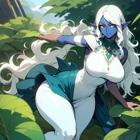 (((An elf milf woman alone))),(((Dark Skin))),(((Blue and green eyes))),(((wavy white hair))),((curvy body)), (((nice dress)))