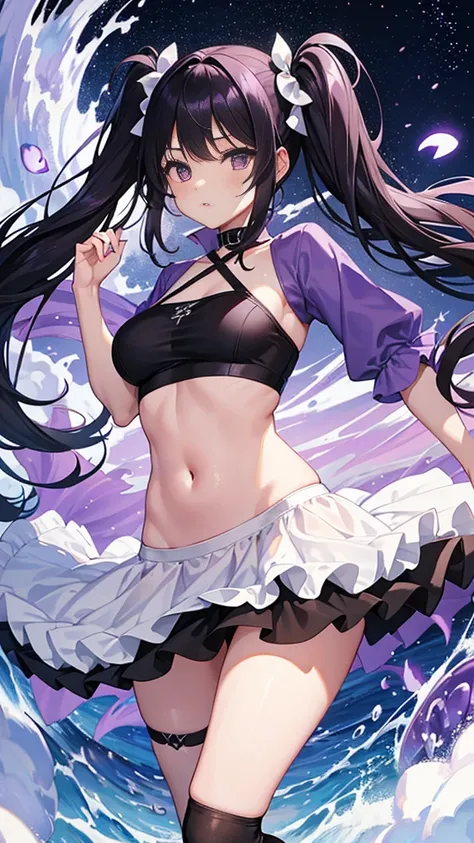 young girl, long dark purple or black hair, purple eyes, I can see your stomach,swimsuit、thighs，knee high socks，short sleeve， masterpiece, high quality, High resolution, HD, 4K、thighsから上のカット、beautiful eyes、twin tails、Upper body